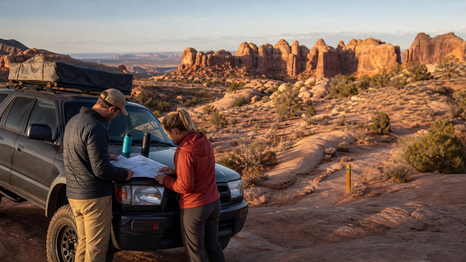 Two travelers checking a paper map beside their 4x4 in Moab